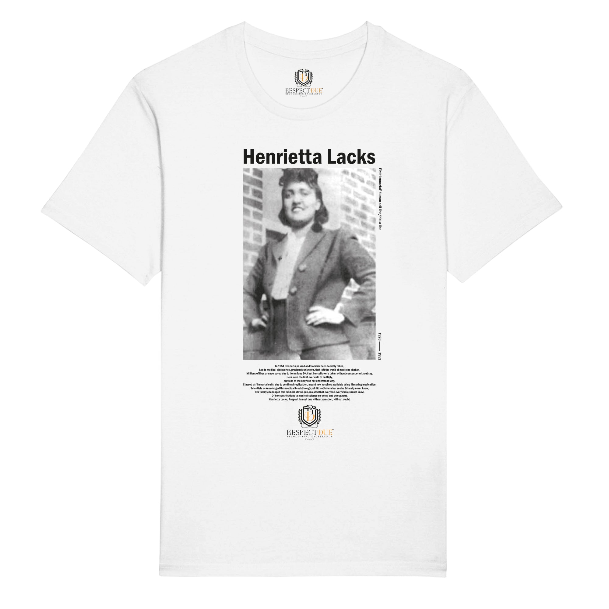 Henrietta Lacks Black and white photographic tee on 100% certified organic white cotton tee.