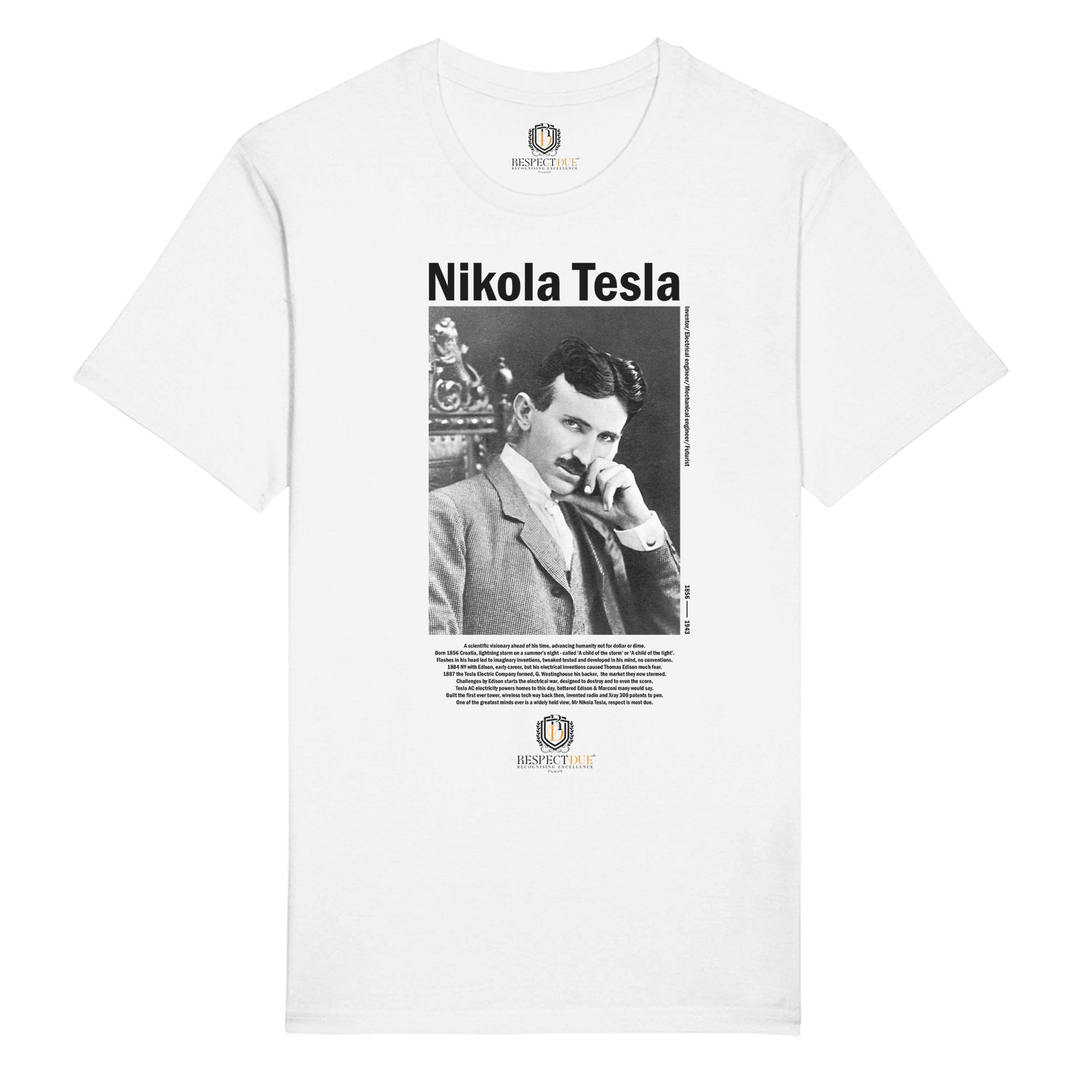 Nikola Tesla on a 100% certified organic tee