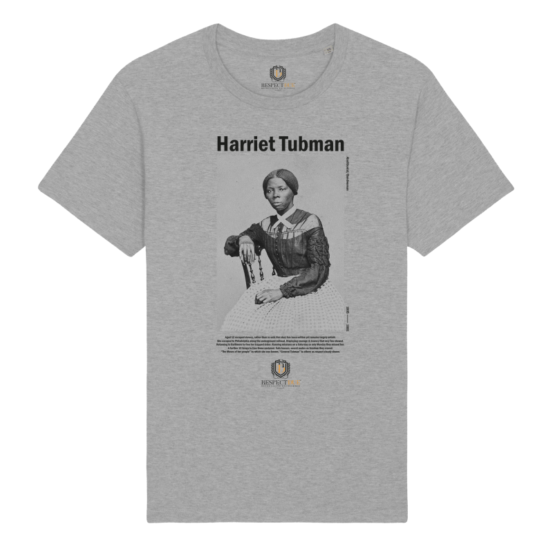 Black and white photographic print of Harriet Tubman on Grey 100% organic cotton tee