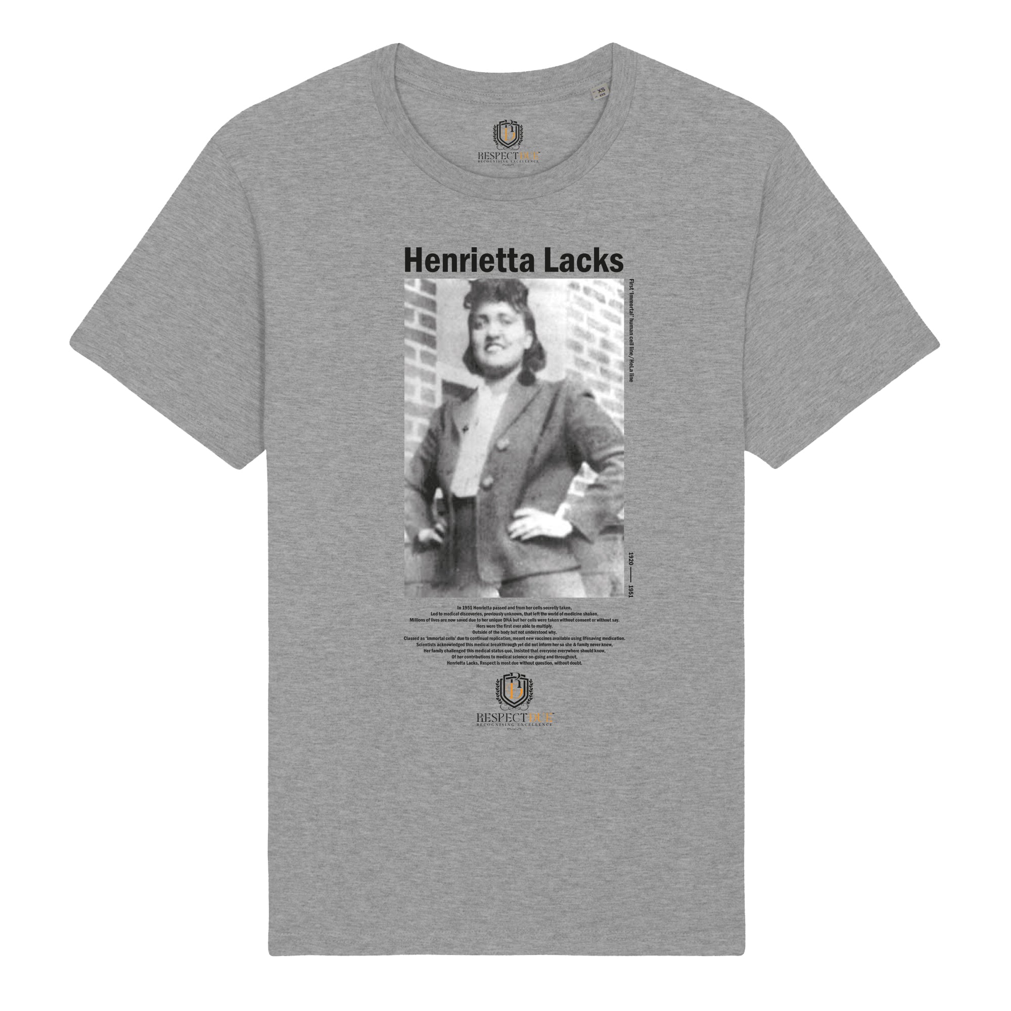 Henrietta Lacks Black and white photographic tee on 100% certified Grey organic cotton tee.