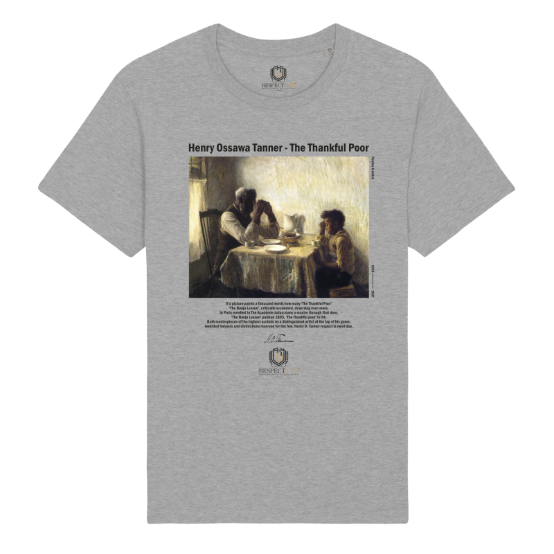 The Thankful Poor by Henry Ossawa Tanner on a grey 100% organic Tee.